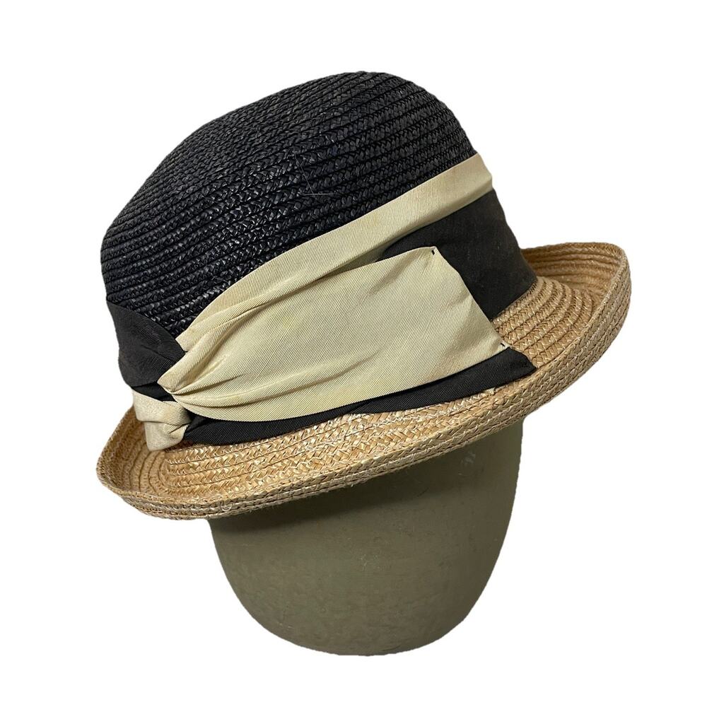 VTG MCM Brown & Tan Raffia Straw Hat w/Cream & Brown Ribbon Made Italy Women Med